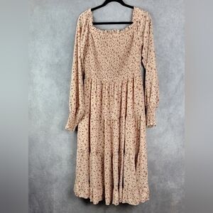 Aura size L Floral‎ Midi  dress smocked fit & flare long sleeve Romantic Fluence
